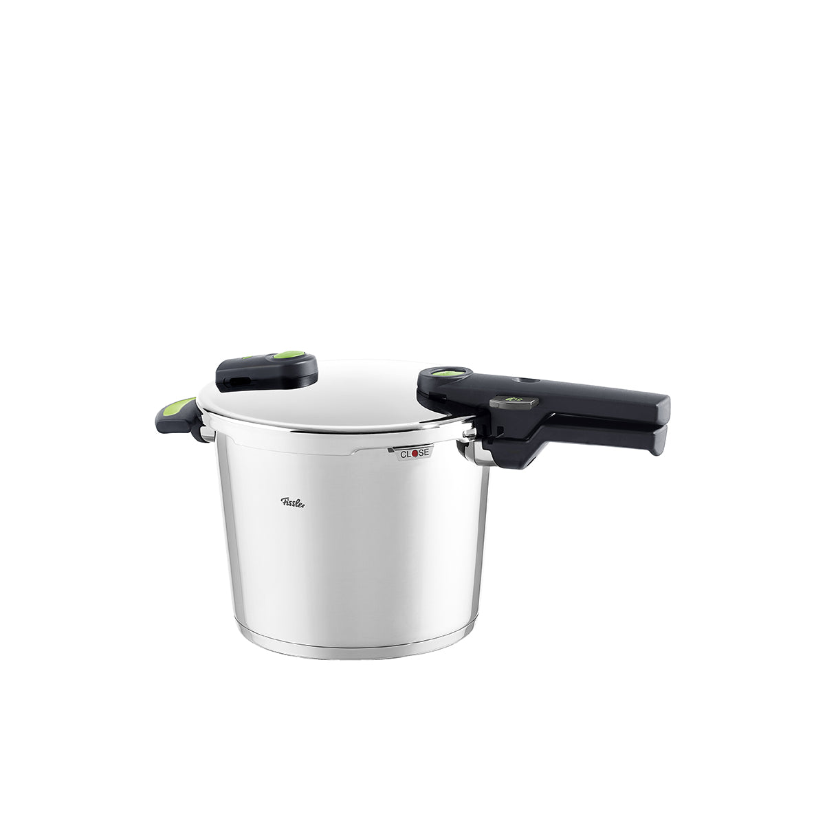 Fissler Vitaquick® Green Pressure Cooker: Precision-crafted stainless steel, black handle, safety lock. Modern, timeless design.