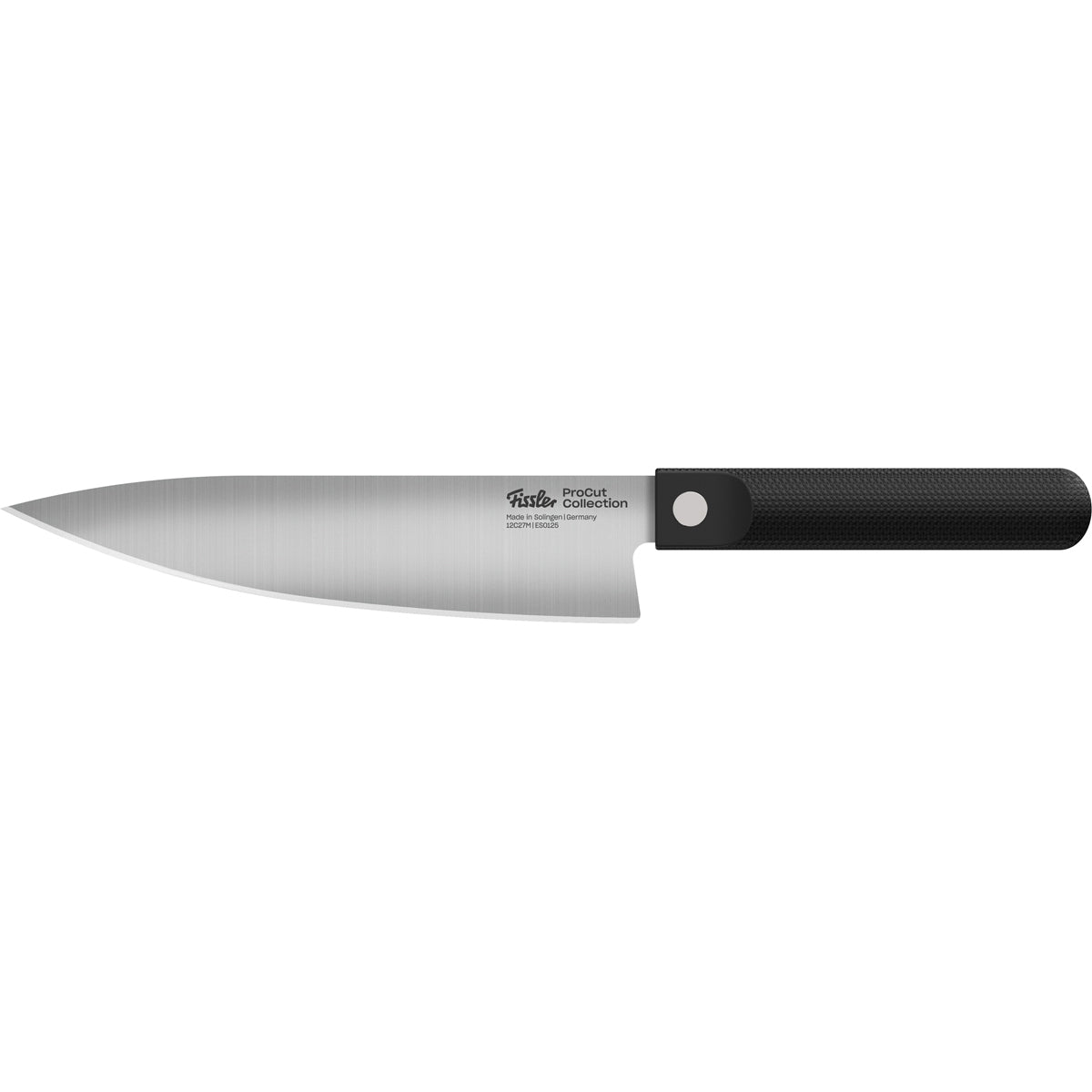 Fissler ProCut 3-teiliges Messerset aus rostfreiem Stahl mit schwarzen, strukturierten Griffen, abgebildet auf weiß. Logo an jedem Griff. Hergestellt in Deutschland.