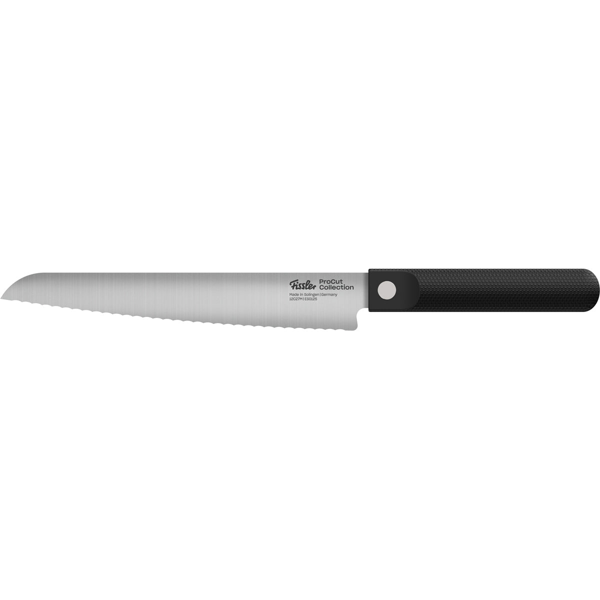 Fissler ProCut Brotmesser 21cm, silberne Präzisionsklinge, ergonomischer schwarzer Griff, präsentiert auf sauberem weißen Hintergrund. Hergestellt in Deutschland.