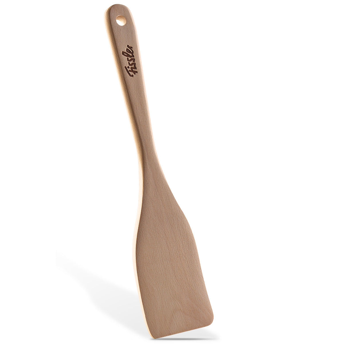 Fissler Holzbratwender - strapazierfähiger Buchenholzspatel mit flacher Klinge, langem Griff, Aufhängeloch und eingraviertem Fissler-Logo. Hergestellt in Deutschland.
