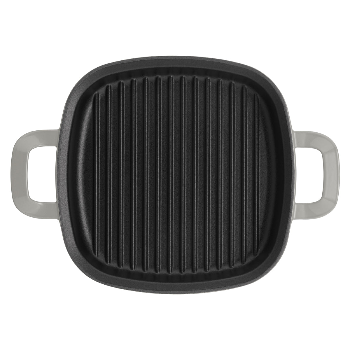 Top view of the Fissler Original-Profi cast iron grill pan, 26x26cm, black with simple gray handles - durable, German quality.