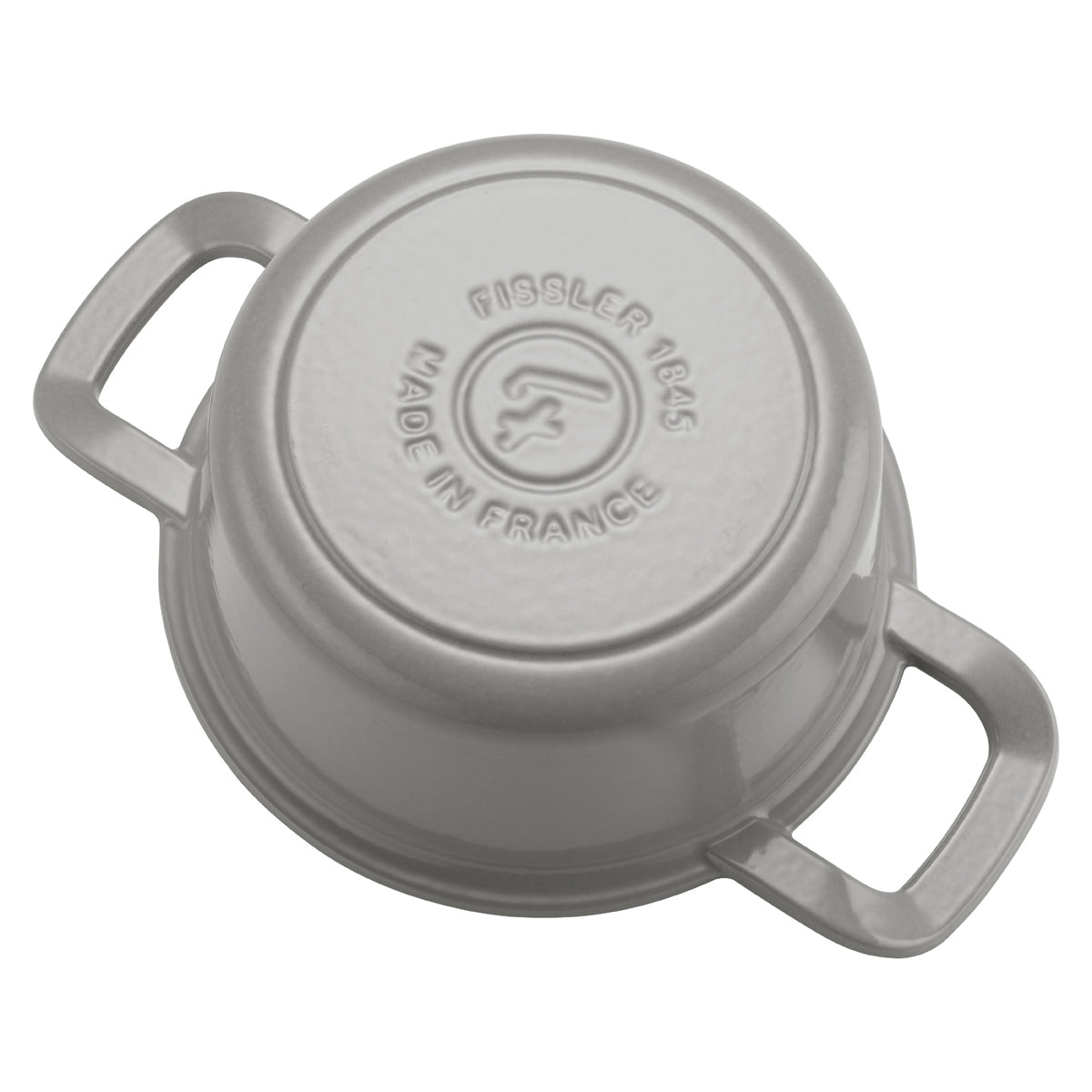 Umgedrehter Fissler Original-Profi Collection® Topf aus grauem Metall, zwei Griffe, Logo und Gravur - hochwertiges deutsches Kochgeschirr.