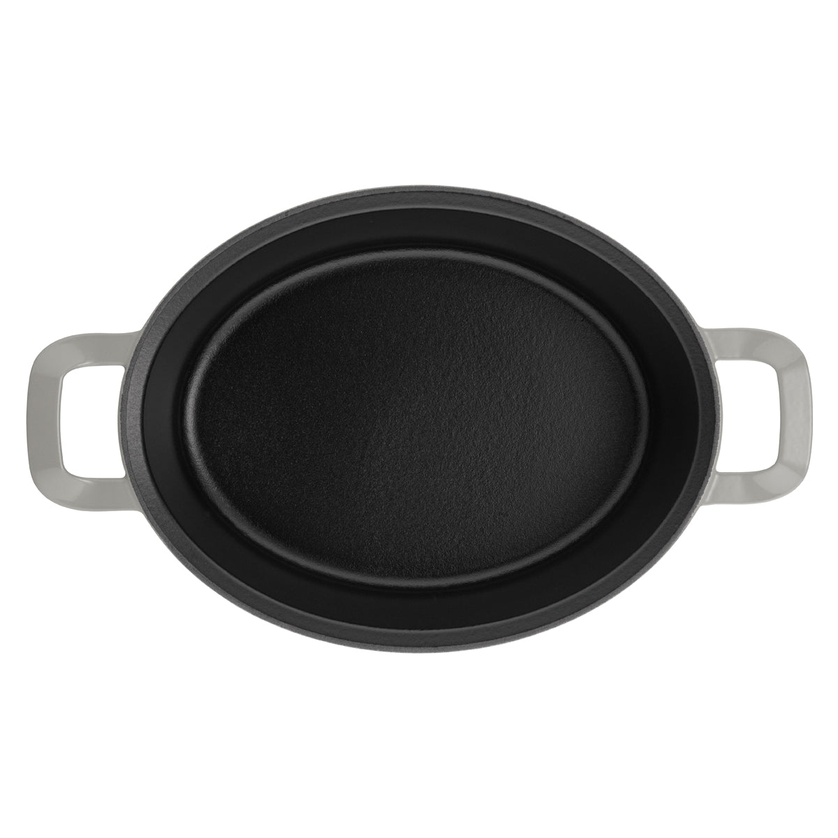Top view of Fissler Original-Profi Collection® cast iron roaster, black with grey handles, simple German design on a white background.