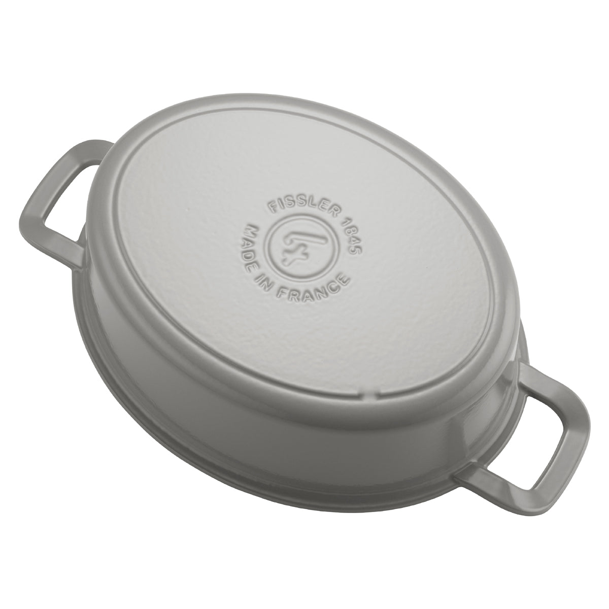 The gray, oval cast iron lid with two handles, "Fissler 1845" embossing, and central logo embodies German precision and quality.