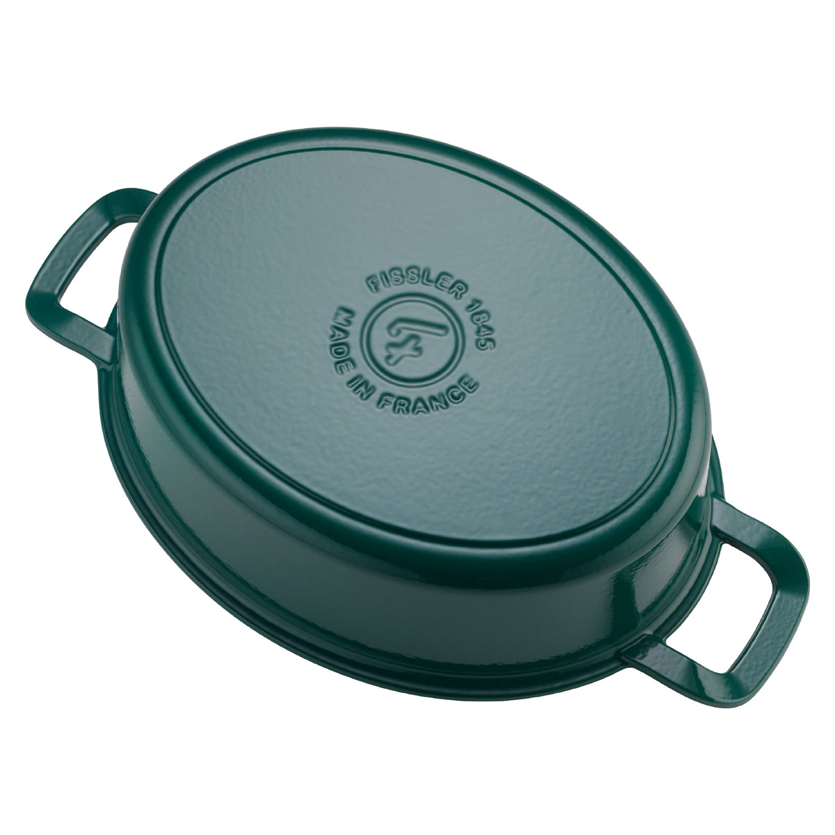 Green Fissler Original-Profi Collection® cast iron roaster, upside down, with two handles and embossed Made in Germany base.