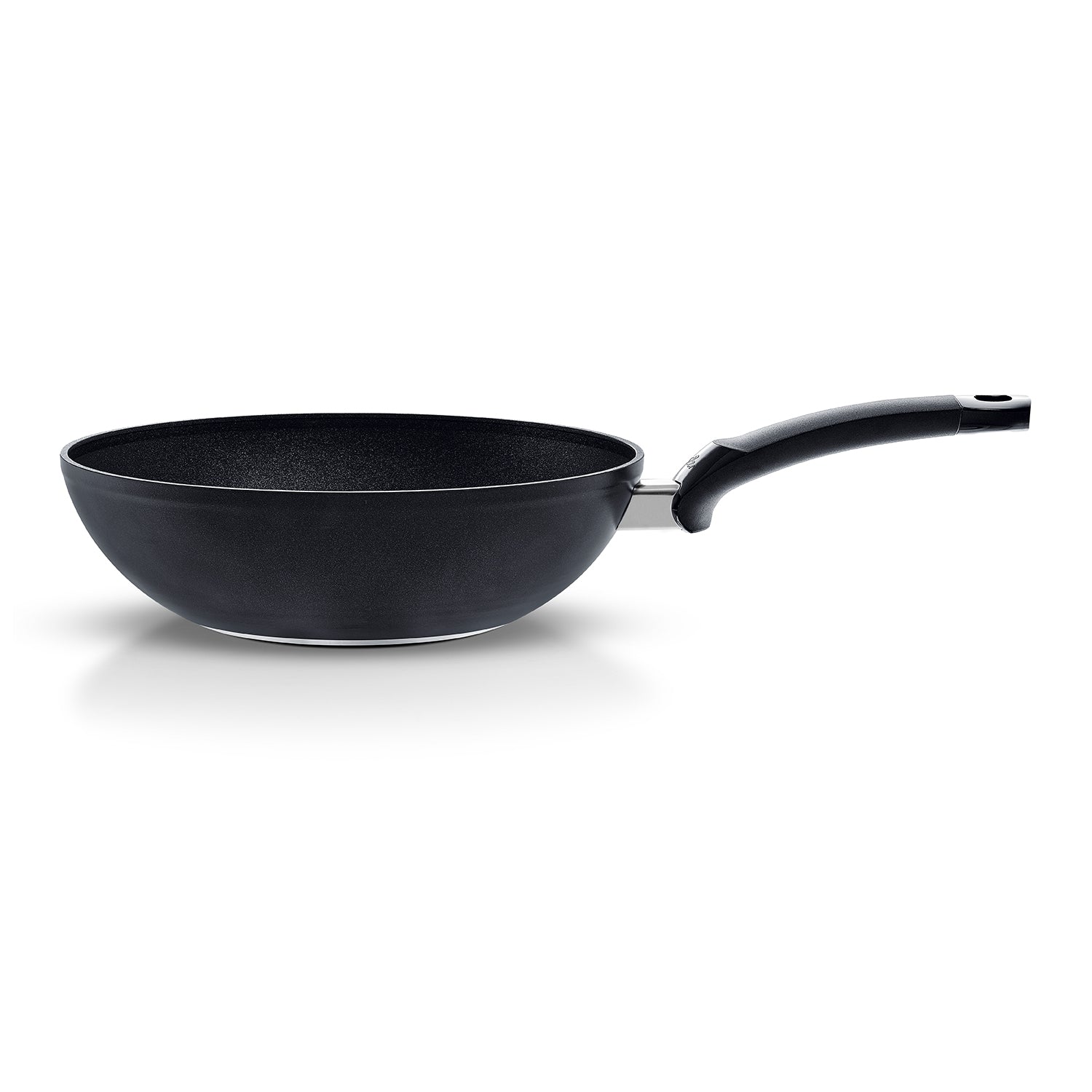 Fissler Adamant® Wok with durable non-stick coating, curved handle, and timeless black design stands out against a white background.