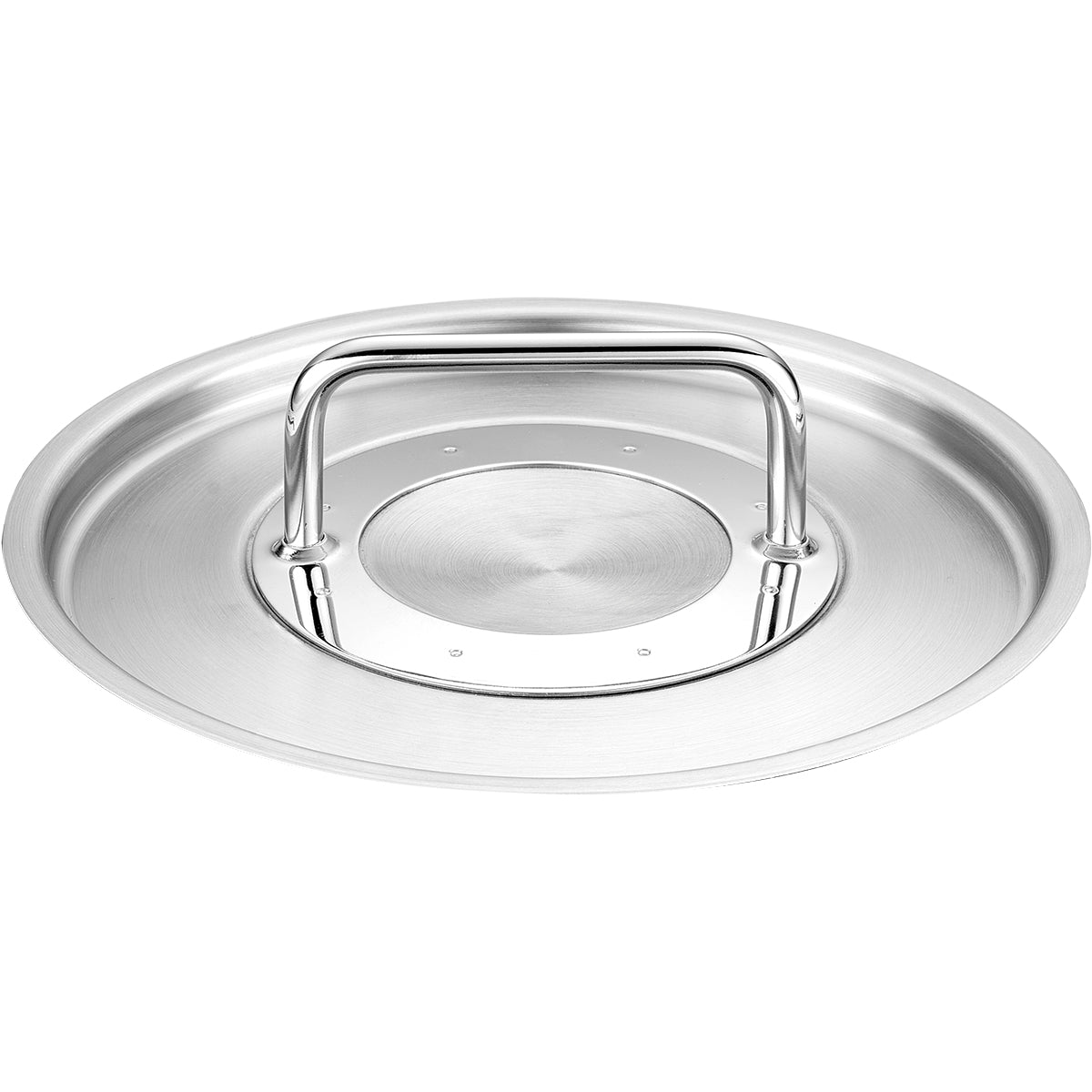 Fissler Adamant® Metalldeckel 18 cm: In Deutschland hergestellter Edelstahldeckel mit breitem, flachem Rand und ergonomischem Griff. Abgebildet auf weiß.