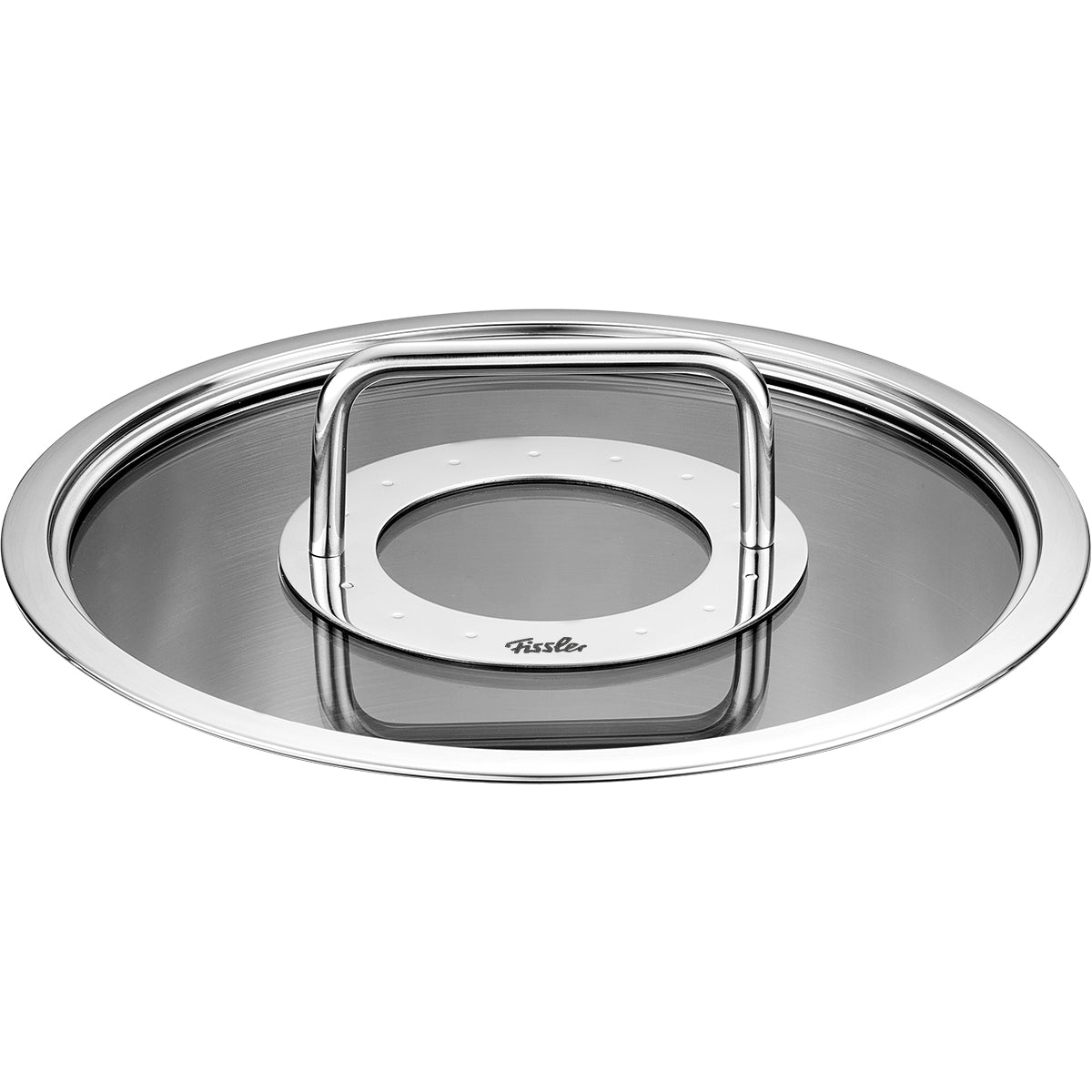 Fissler Adamant® Glasdeckel 18 cm: langlebiger Edelstahldeckel, Glaskern für Sichtkochen, moderner Griff, spülmaschinengeeignet.