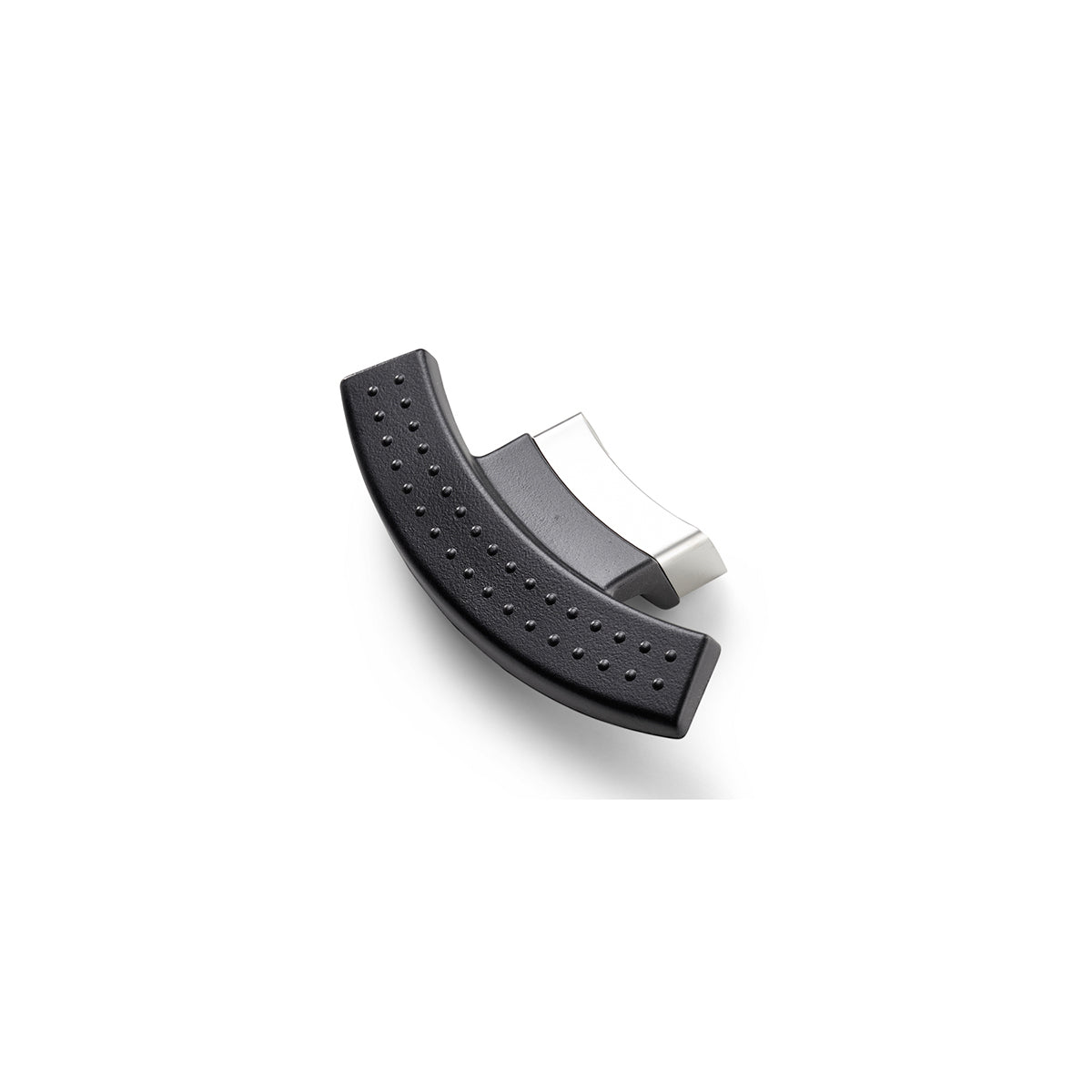 Geschwungener, schwarz-silberner Fissler Magic Line Stiel mit Flammenschutz für 24 cm Töpfe, strukturiertes Griffdesign, auf weißem Grund.