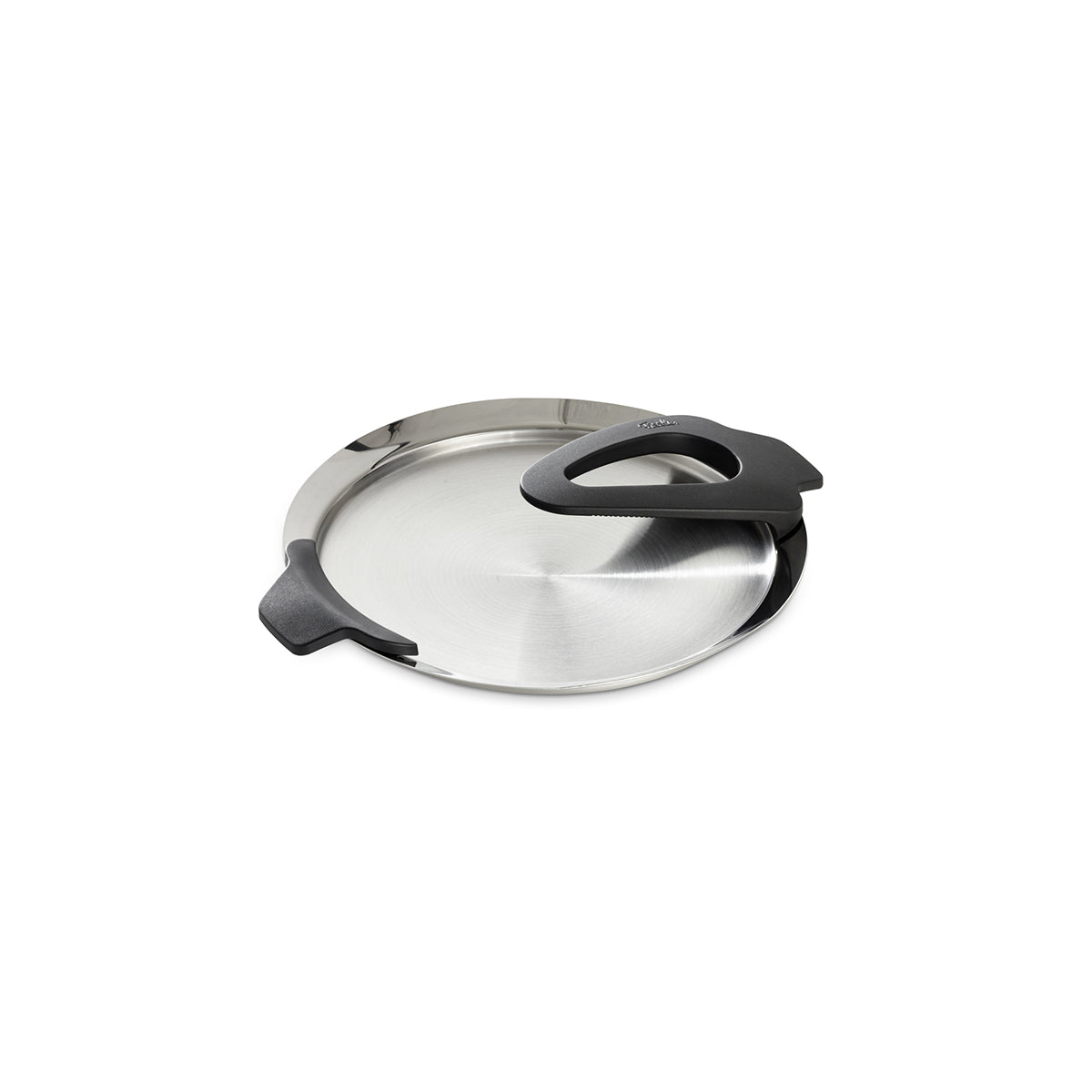 Fissler Intensa® stainless steel lid, 20 cm, with a wide rim and sturdy black handles. Quality from German production on a white background.