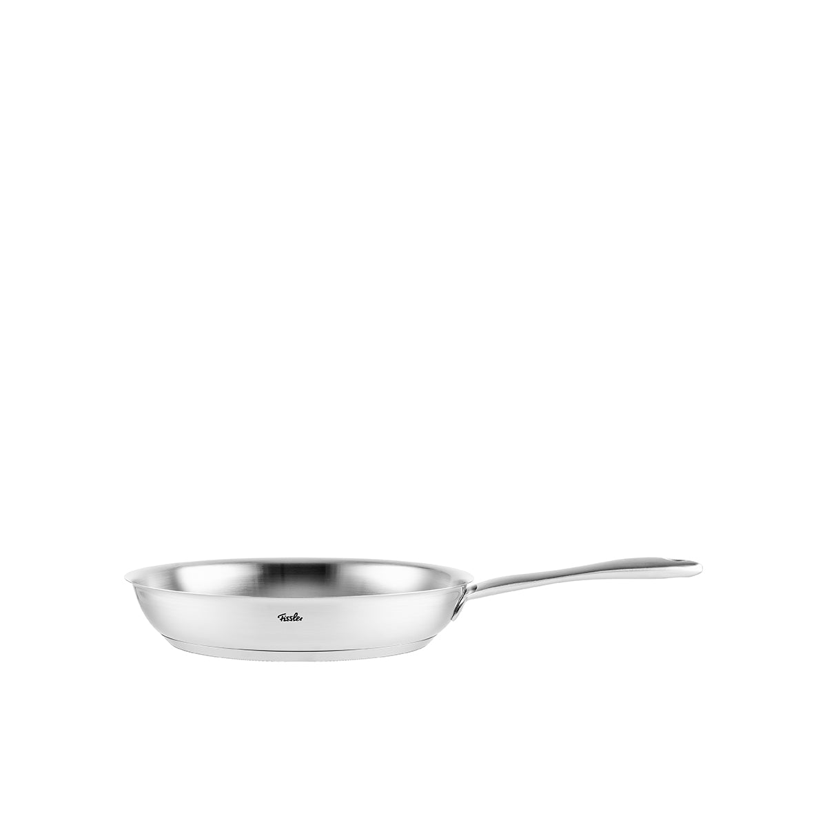 Fissler Catania Frying Pan, polished surface and long handle, on white. Made in Germany. Suitable for induction, modern and durable design.