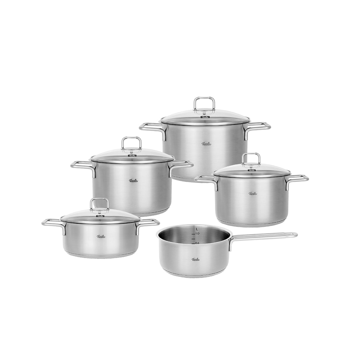 Fissler Hamburg 5-teiliges Set: Präzisionsgefertigte Edelstahltöpfe und Stielkasserolle mit Glasdeckeln. Zeitloses deutsches Design, langlebig und innovativ.