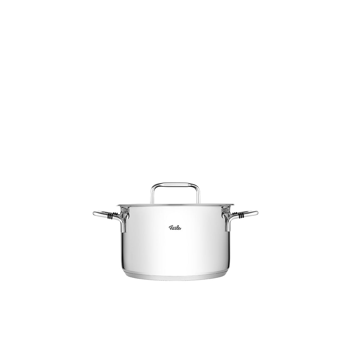 Fissler Bonn Kochtopf aus hochwertigem Edelstahl mit seitlichen Griffen, Glasdeckel und superthermischem Boden, abgebildet auf weißem Hintergrund.
