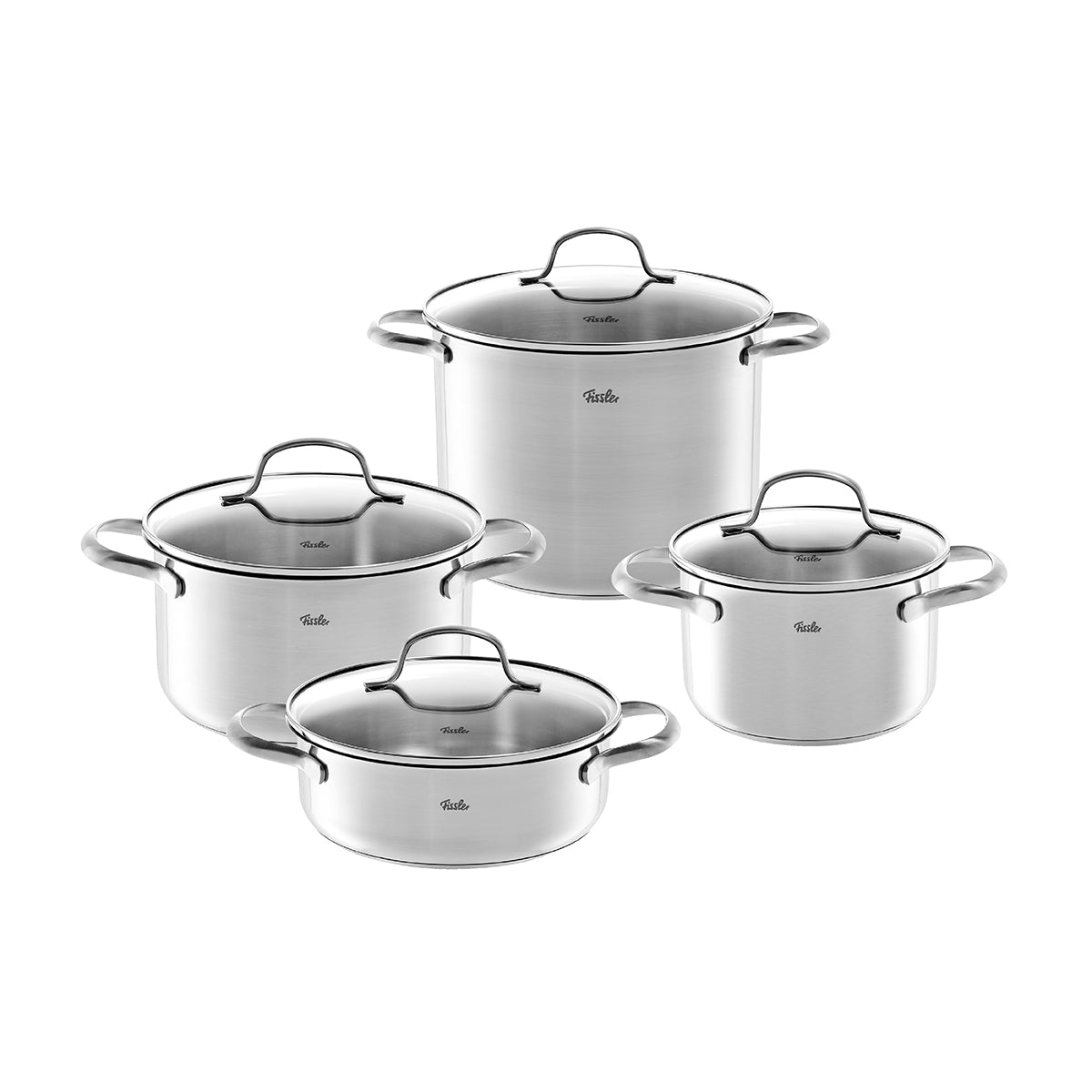 The Fissler San Francisco Cookware Set: four induction pots with Lid, made in Germany, stainless steel, super-thermal base, on a white background.
