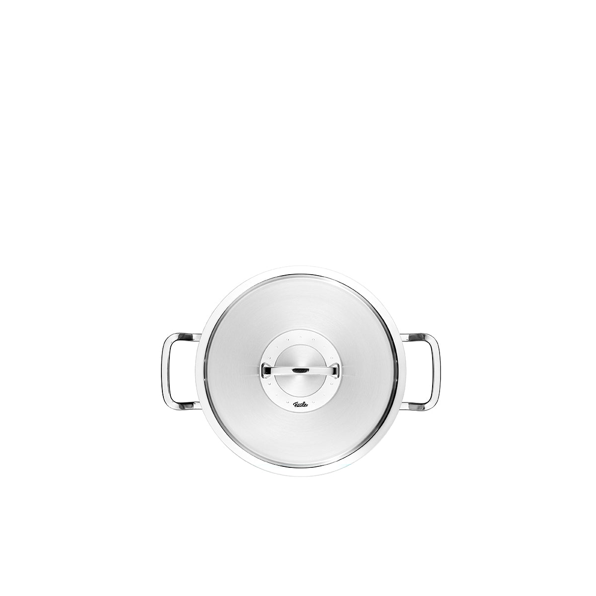Fissler Original-Profi Collection® pot with metal lid and double handles, top view. High-quality German design, induction-compatible stainless steel.