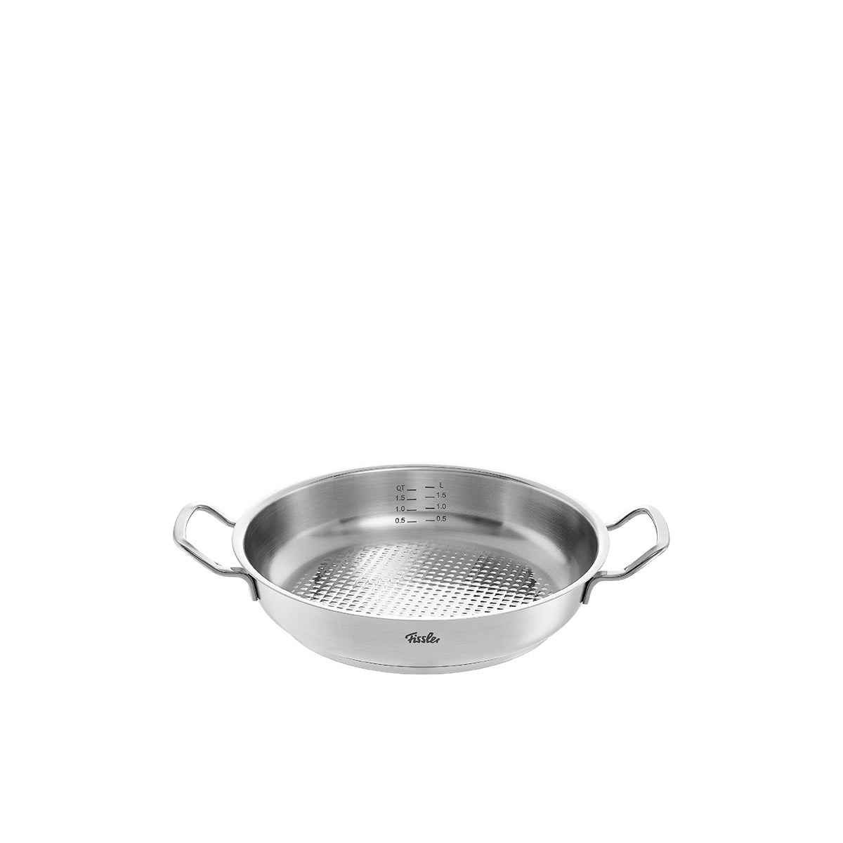 Fissler Original-Profi Collection® Servierpfanne, induktionsgeeignet, mit Doppelgriff und Innenmarkierung, auf weißem Grund.