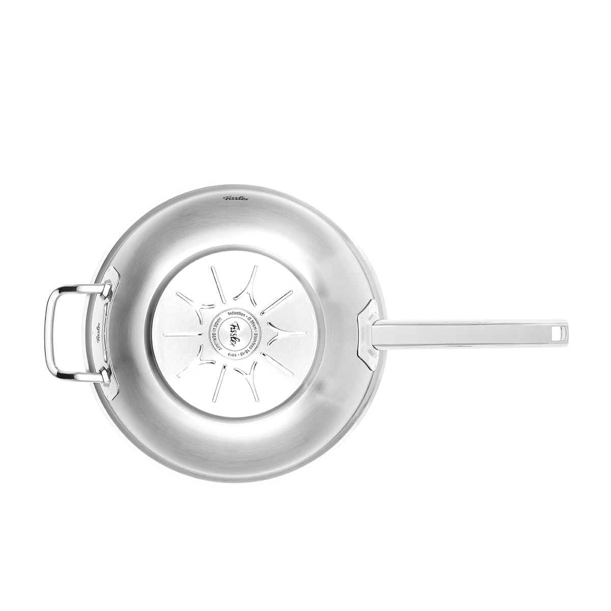 Draufsicht auf den Fissler Original-Profi Collection® 30cm Edelstahl-Wok mit Deckel, Doppelgriffen und Markengravur - Made in Germany.
