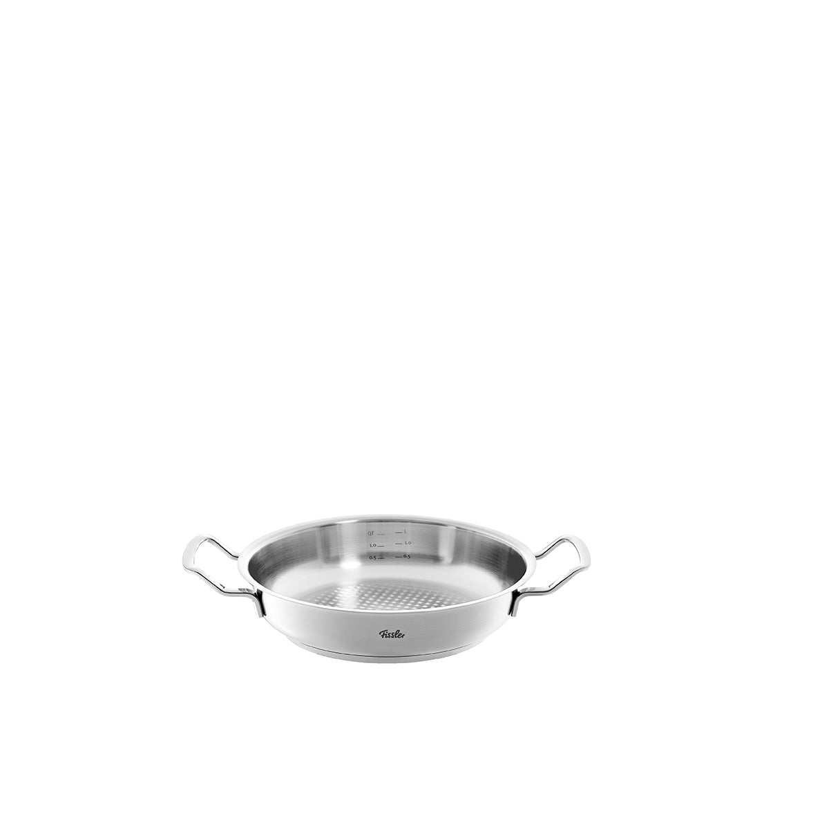 Vorderansicht der Fissler Original-Profi Collection® Servierpfanne mit seitlichen Griffen, Edelstahl, induktionsgeeignet, auf weißem Hintergrund.