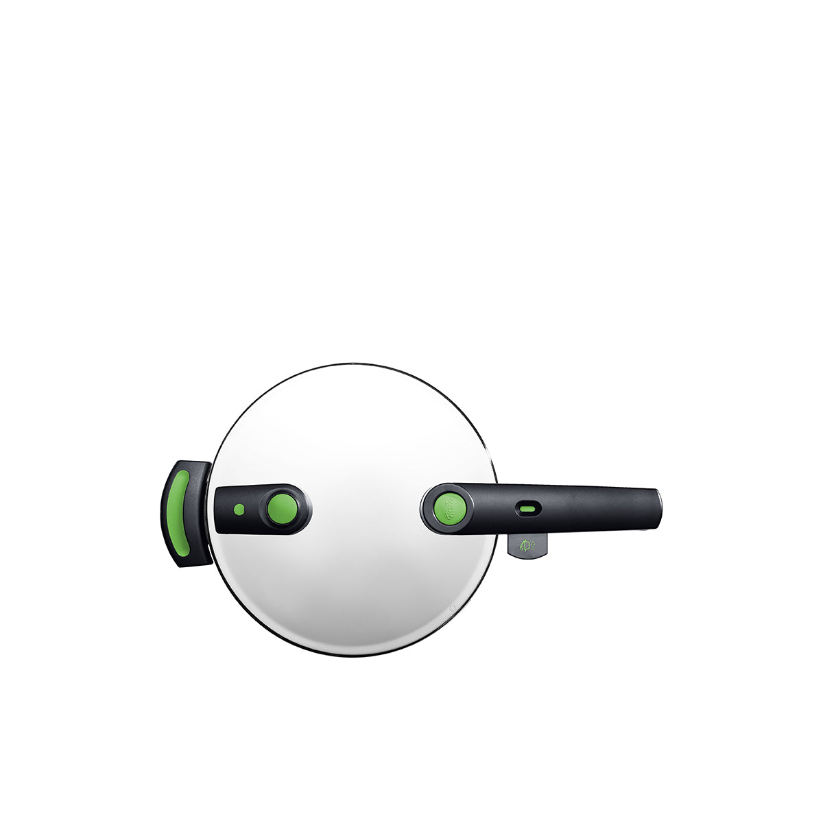 Top view of the Fissler Vitaquick® Green pressure cooker, stainless steel with black-green handle, modern German design on a white background.