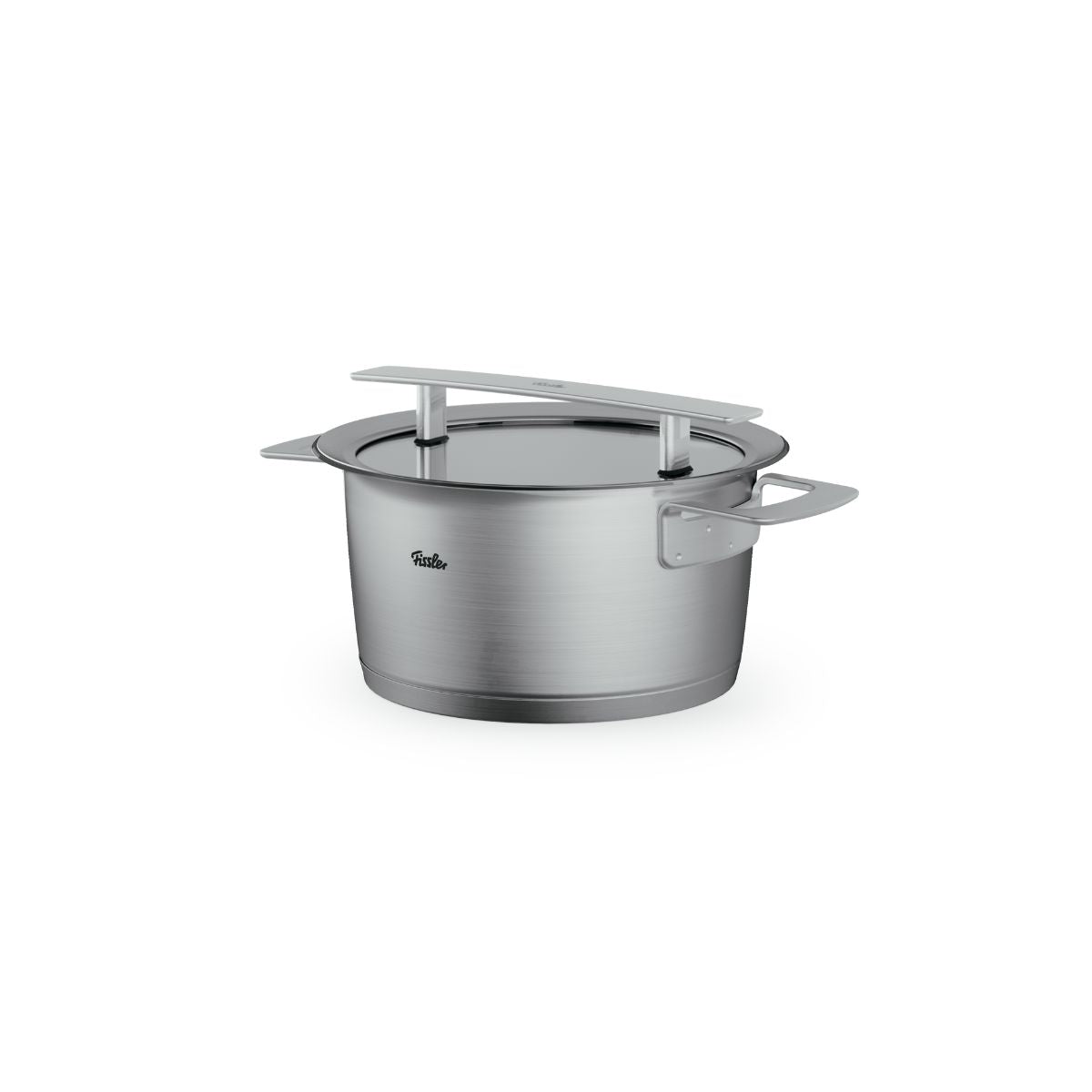 Fissler Phi Collection® 5-teiliges Edelstahl-Kochgeschirrset mit Deckeln, deutsche Präzision, langlebiges Design, auf weißem Grund.