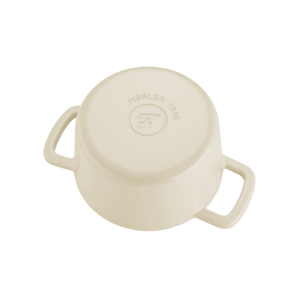 Sahne Fissler Moments Gusseisen Topf auf den Kopf gestellt, zeigt zwei Griffe und geprägtes Logo. Präzision, Langlebigkeit - Made in Germany.