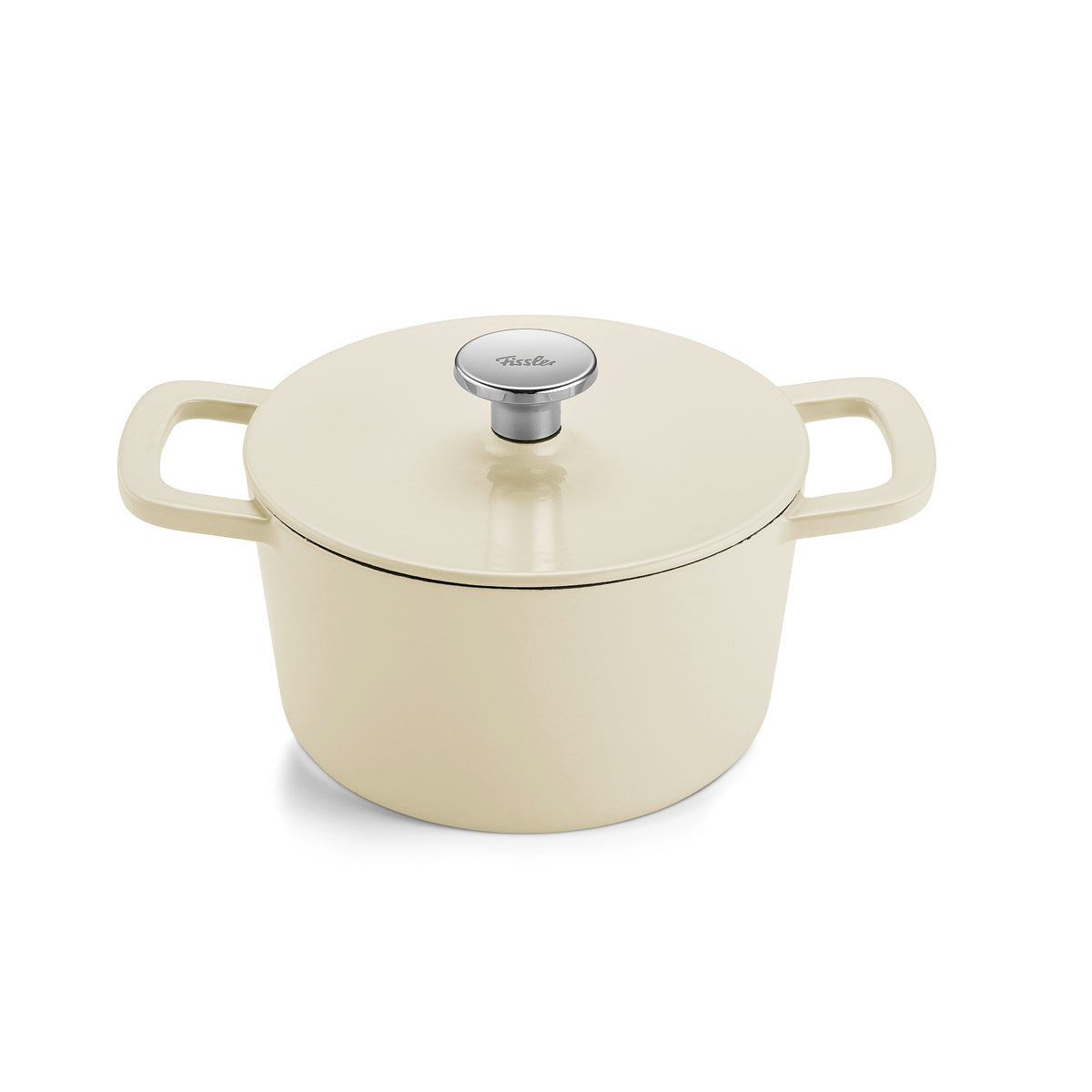 Fissler Moments Collection Gusseisentopf, beige, rund mit Deckel, zwei Griffe, Metallknauf; modernes deutsches Design für effizientes Kochen.