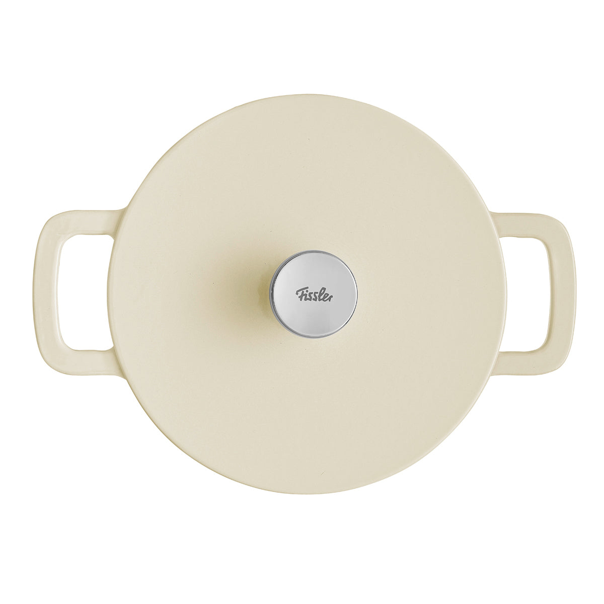 Draufsicht auf den Fissler Moments Sahne-Gusseisentopf mit Deckel und Griffen - zeitloses deutsches Design für energieeffizientes Kochen.