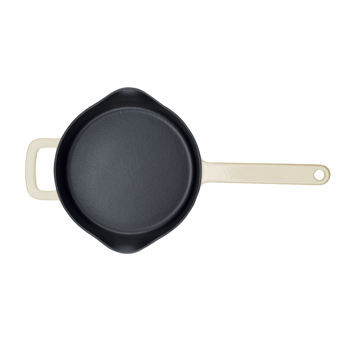 Fissler Moments Collection Cast Iron Frying Pan in black with Non-Stick Coating, cream-colored handles, top view on white. Made in Germany.