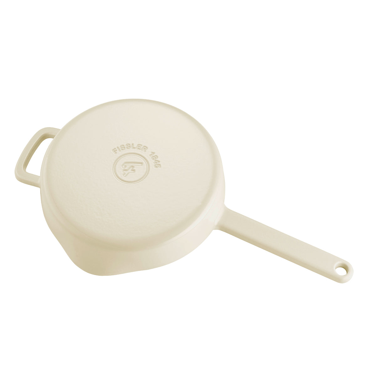 Cream-coloured Fissler Moments cast iron Frying Pan, upside down, with logo; long side handles, naturally non-stick. Made in Germany.