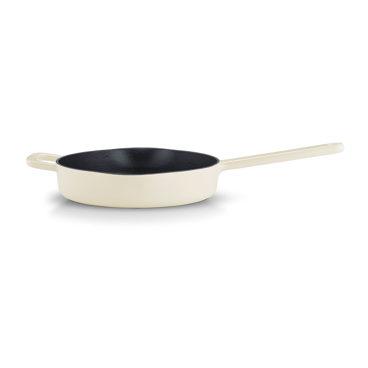 Fissler Moments Cast Iron Frying Pan: Cream-coloured cast iron pan with long handle, helper handle, black interior. Modern design.