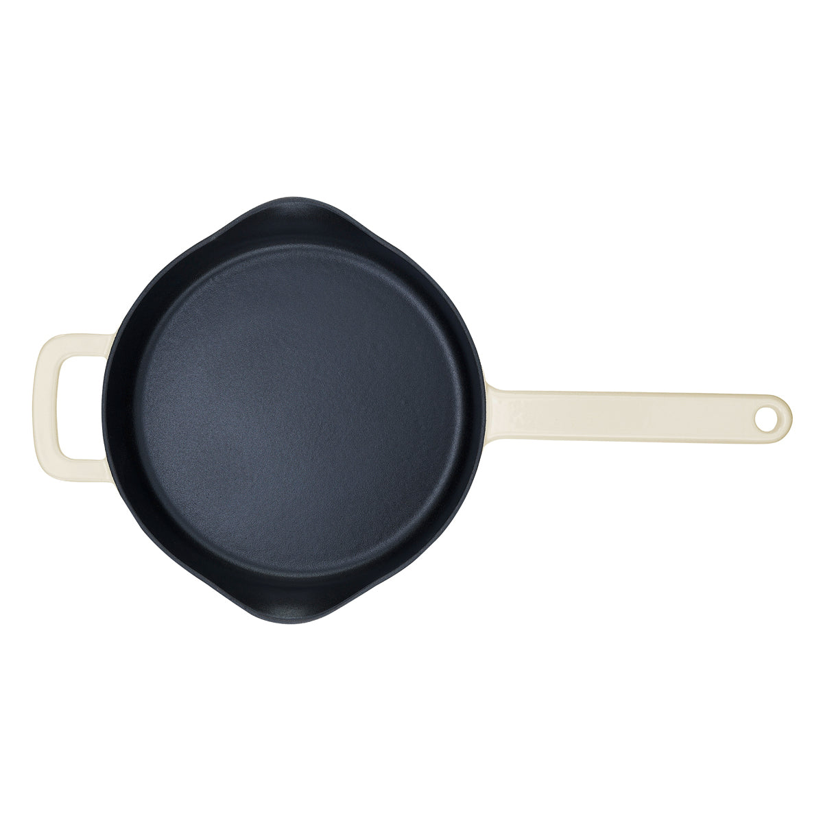 Fissler Moments cast iron Frying Pan in black with cream-colored handles, top view of a white timeless design for efficient, natural nonstick cooking.