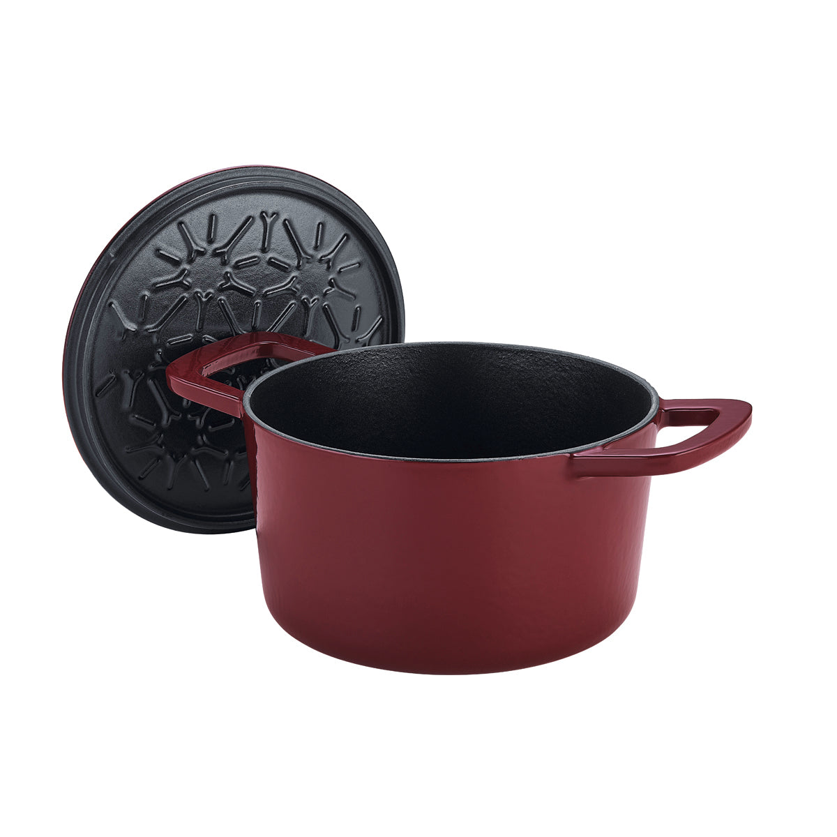 Fissler Moments Gusseisen Topf in rot mit zwei Griffen und schwarzem Deckel, offen auf weiß - made in Germany für effizientes, stilvolles Kochen.