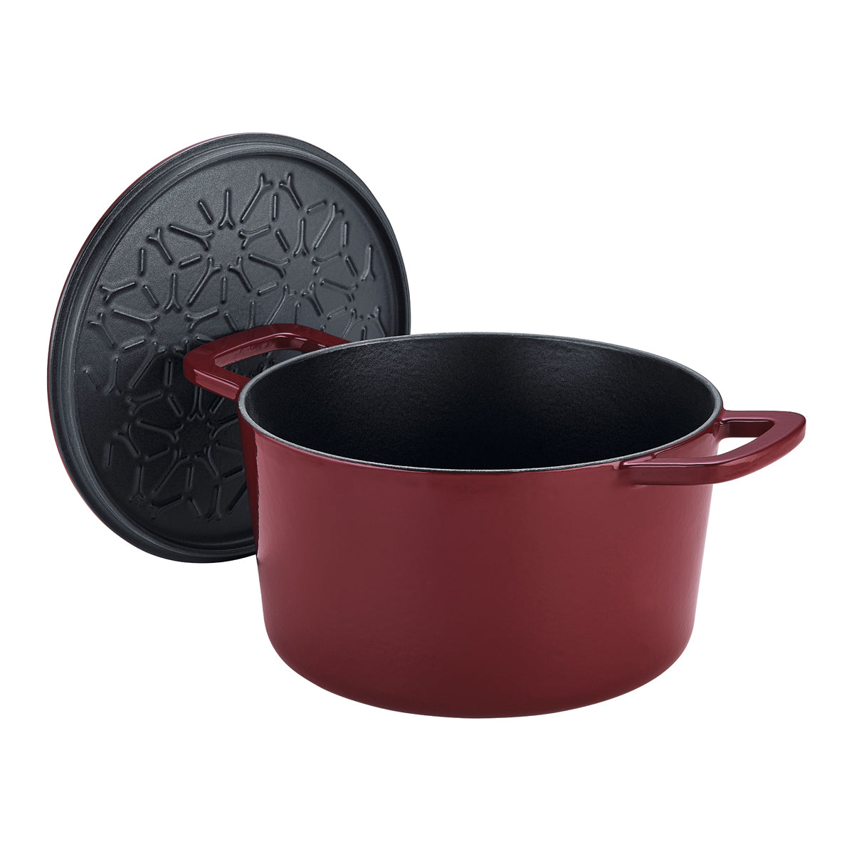 Fissler Moments Gusseisen Topf Dutch Oven in Rot mit stehendem Deckel, mit geometrischem Muster für effizientes Kochen nach deutscher Art.