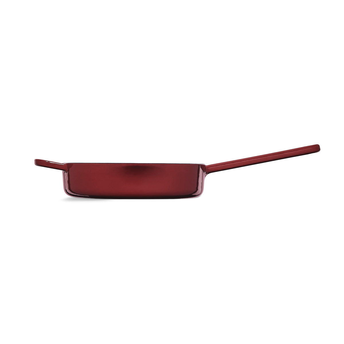 The red Fissler Moments cast iron Frying Pan with high rim and two handles on a white background - durable, functional, modern.