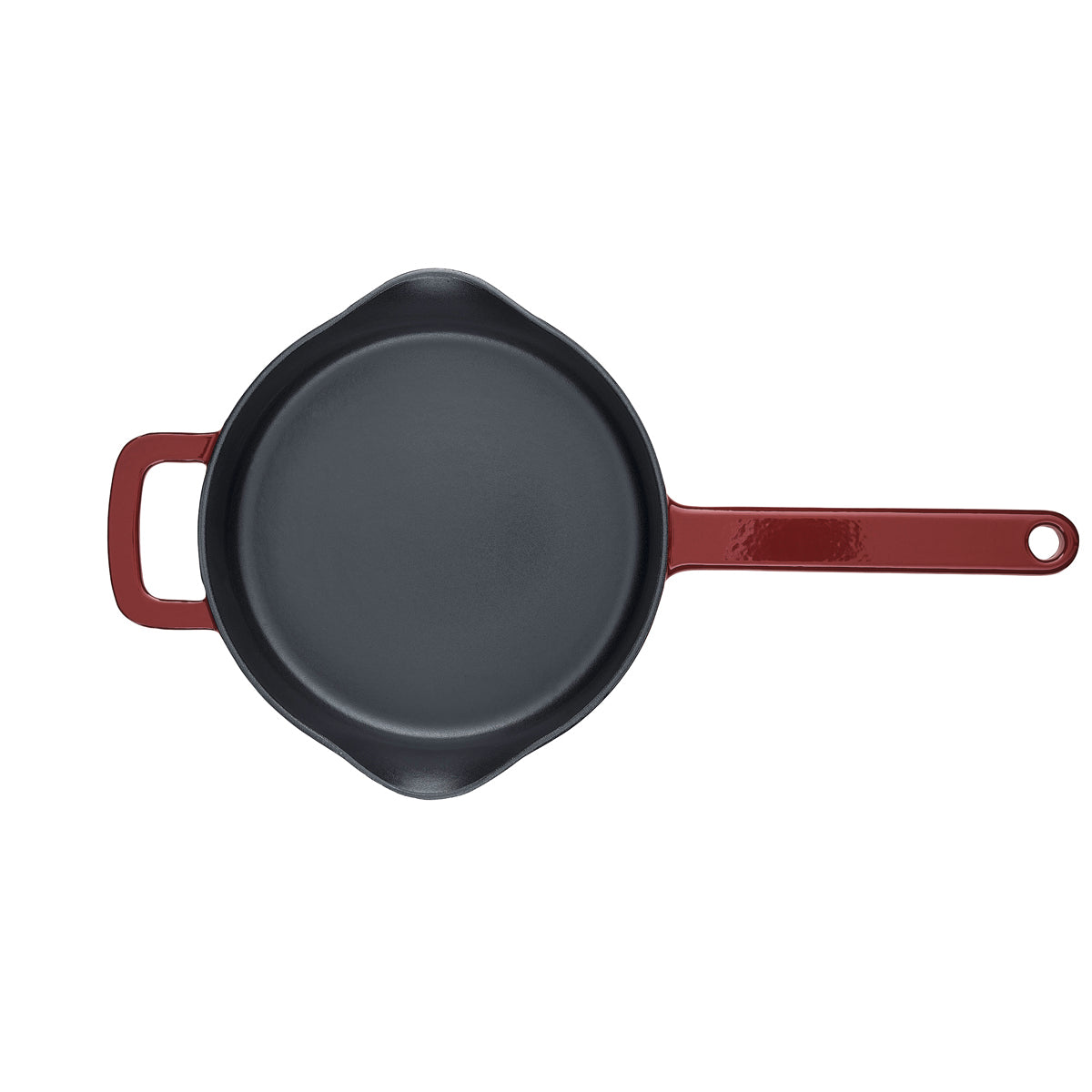 The Fissler Moments cast iron Frying Pan with deep red handle on white – modern, durable design for energy-efficient cooking.