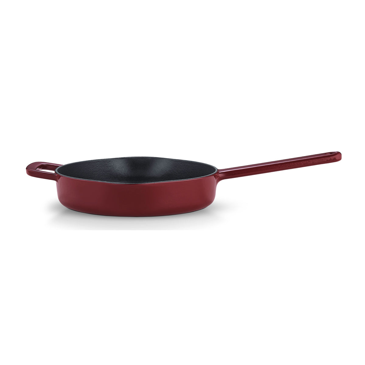 Fissler Moments cast iron Frying Pan in red with two handles, sustainable non-stick properties, on a white background.