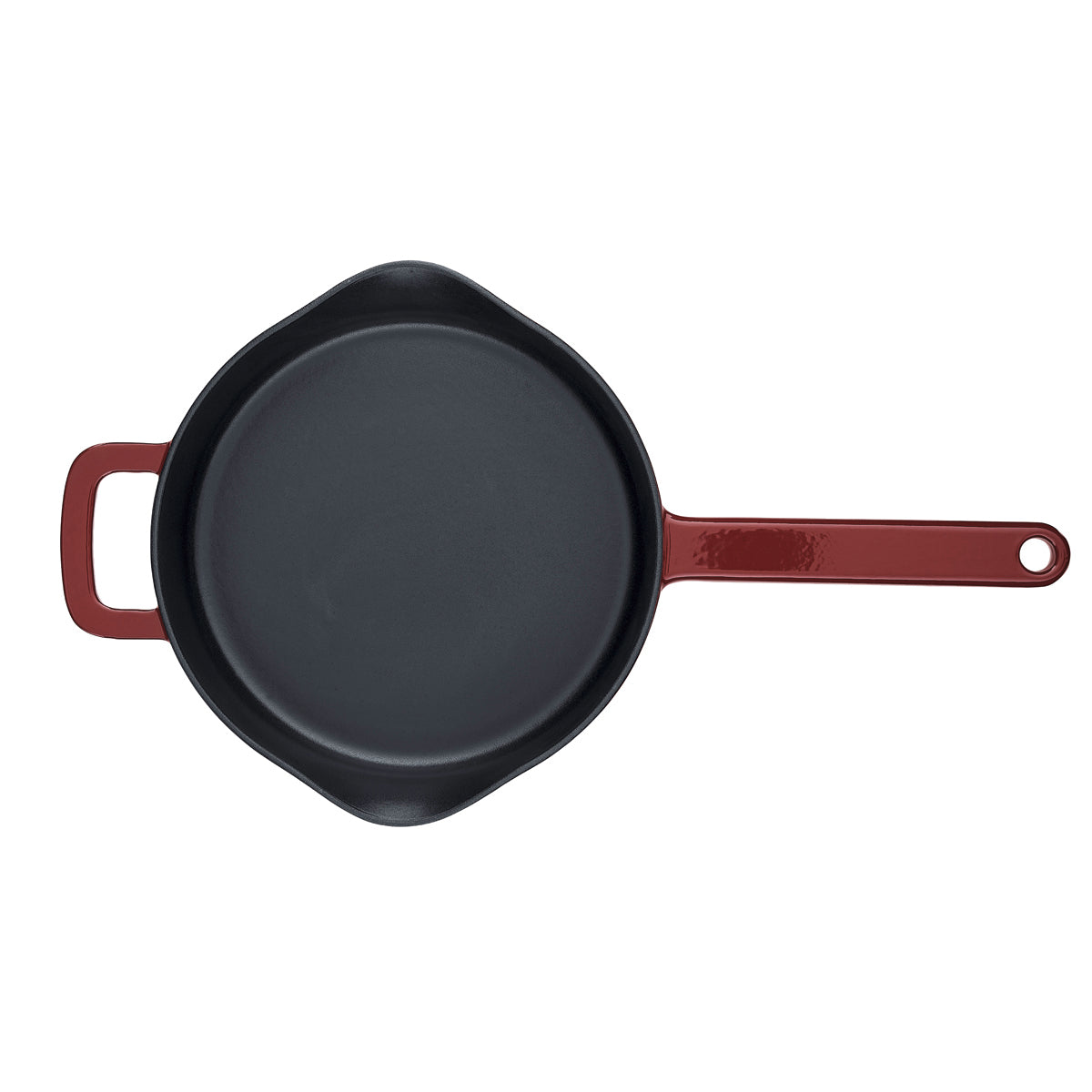 Fissler Moments Collection cast iron pan, black with red handles, top view. Modern German design - durable, naturally non-stick.