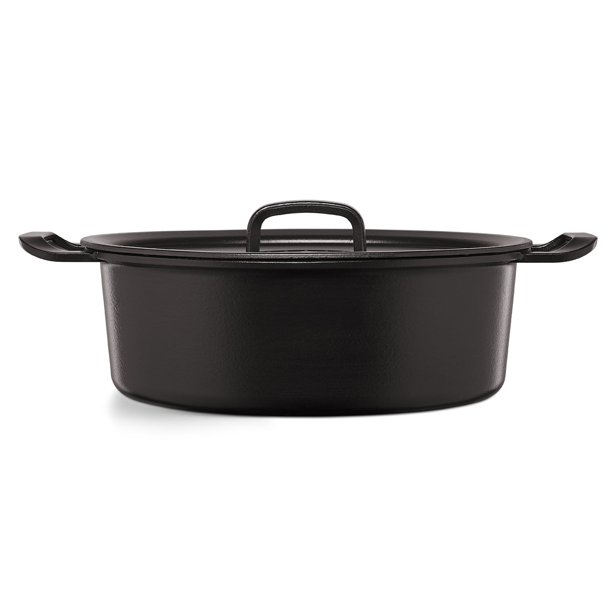 The black Fissler Original-Profi Collection® cast iron Dutch oven with side handles and lid embodies German quality and timeless design.
