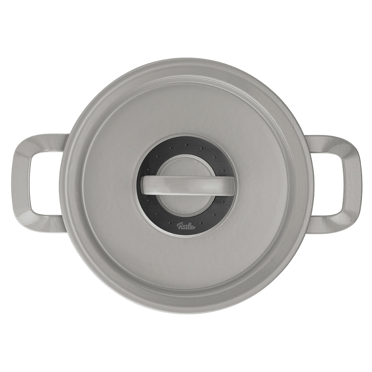 Draufsicht auf den Topf der Fissler Original-Profi Collection®: Edelstahl, zwei Griffe, Präzisionsdeckel, kultiges modernes deutsches Design.