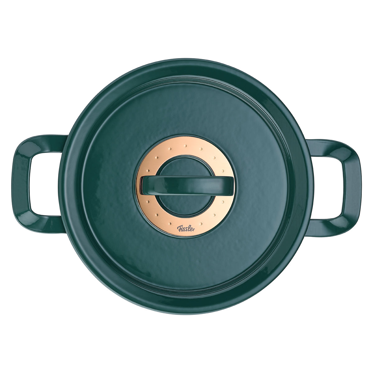 Draufsicht auf den Fissler Original-Profi Collection® Gusseisen Kochtopf in dunkelgrün mit Goldknauf - Präzision, Qualität Made in Germany.