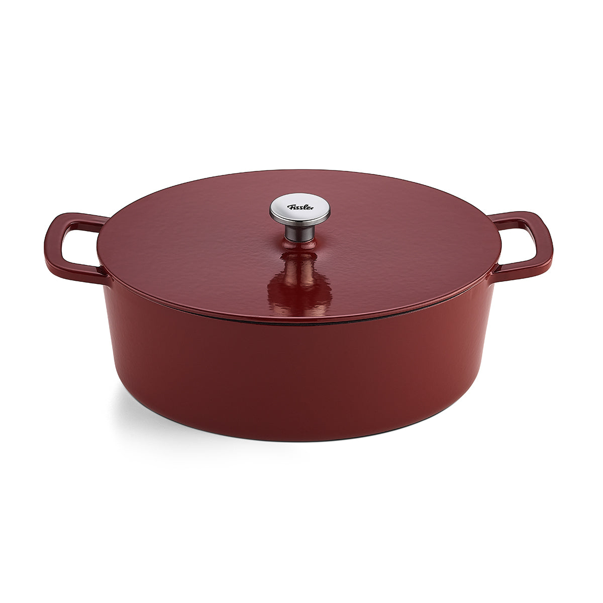 Fissler Moments Cast Iron Casserole Dish in Chestnut Brown, Oval with Lid and Silver Knob - Timeless, Energy-Saving German Design on White Background.