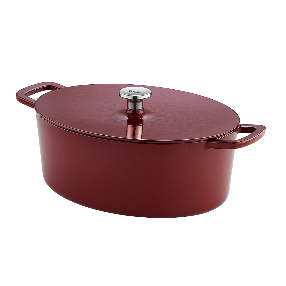 Fissler Moments Collection Cast Iron Casserole Dish: red, oval Dutch oven with lid and silver knob. Precision engineering for efficient cooking.