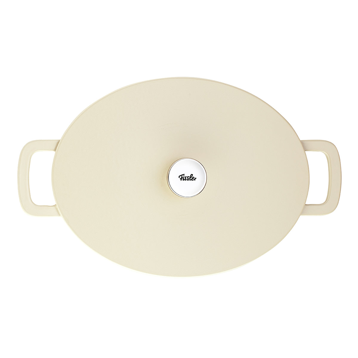 Top view of Fissler Moments cast iron casserole dish in cream with lid on, two handles, and the typical silver Fissler knob.
