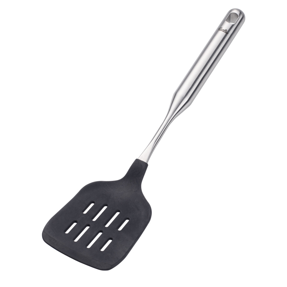 Fissler Essential® Sauté Pan: Black silicone spatula, six slots, stainless steel handle. Precision and German quality design.