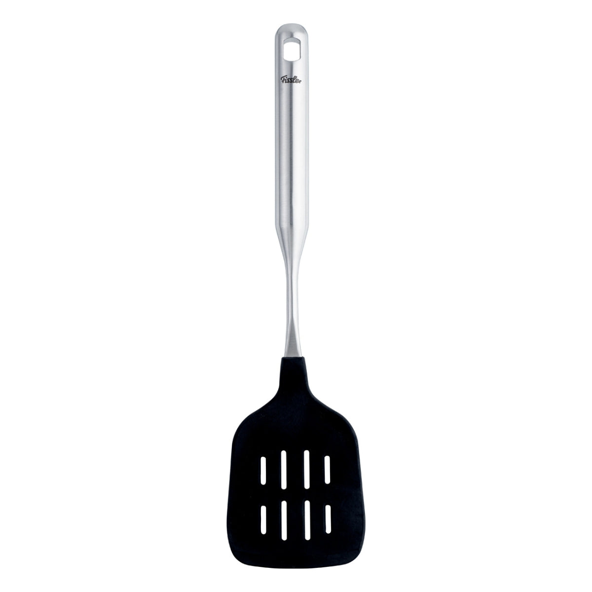 Fissler Essential® Silicone Spatula - slim, modern spatula with metal and black handle, precisely made in Germany, on a white background.