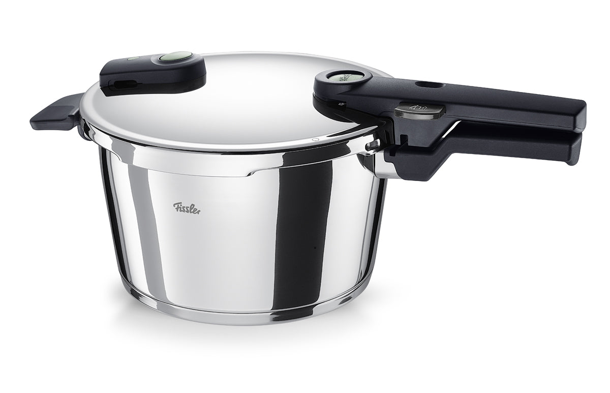 Fissler Vitaquick® Elemental Pressure Cooker in Sage Green, Precision Design, Black Handles, Safe Lid. Made in Germany.