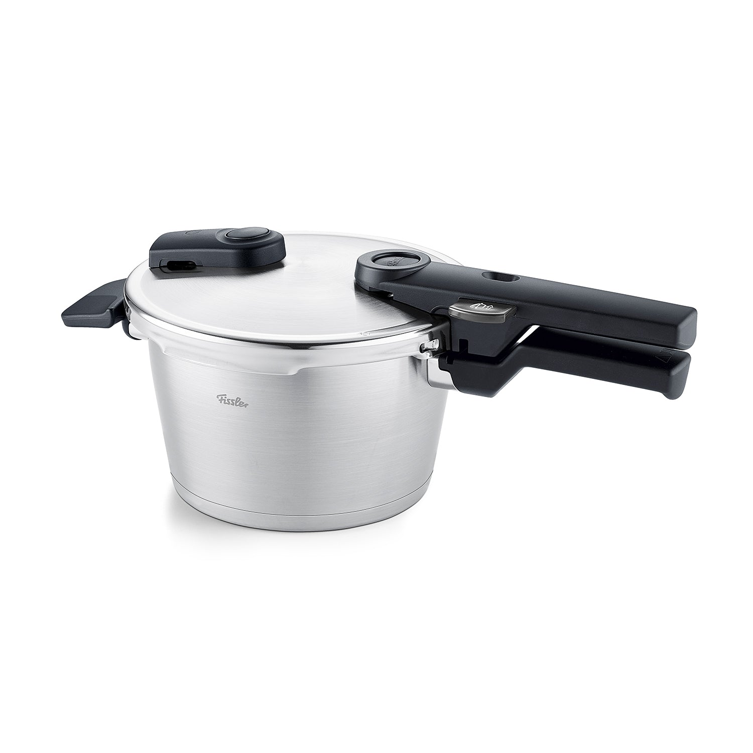 Fissler Vitaquick® Premium pressure cooker - German stainless steel pressure cooker with black handles, on a white background.