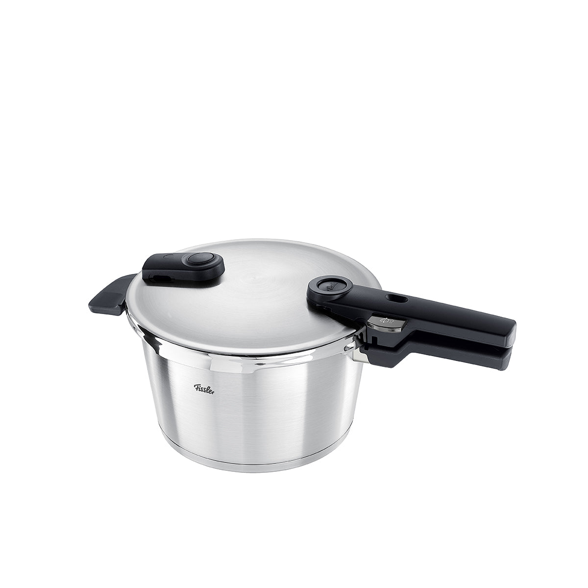 Fissler Vitaquick® Premium pressure cooker - modern stainless steel pressure cooker with black handle on a white background.