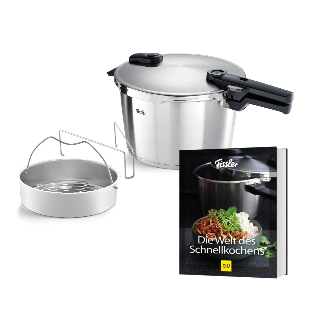 Discover Fissler’s Vitaquick® Premium Schnellkochtopf mit Dämpfeinsatz—an expertly engineered stainless steel pressure cooker, made in Germany and designed for durability, performance, and timeless style. Included are a precise-fitting lid, robust metal steaming rack for versatile cooking, and the exclusive German cookbook “Die Welt des Schnellkochens,” featuring mouthwatering dishes on the cover—all reflecting Fissler’s heritage of innovation since 1845.