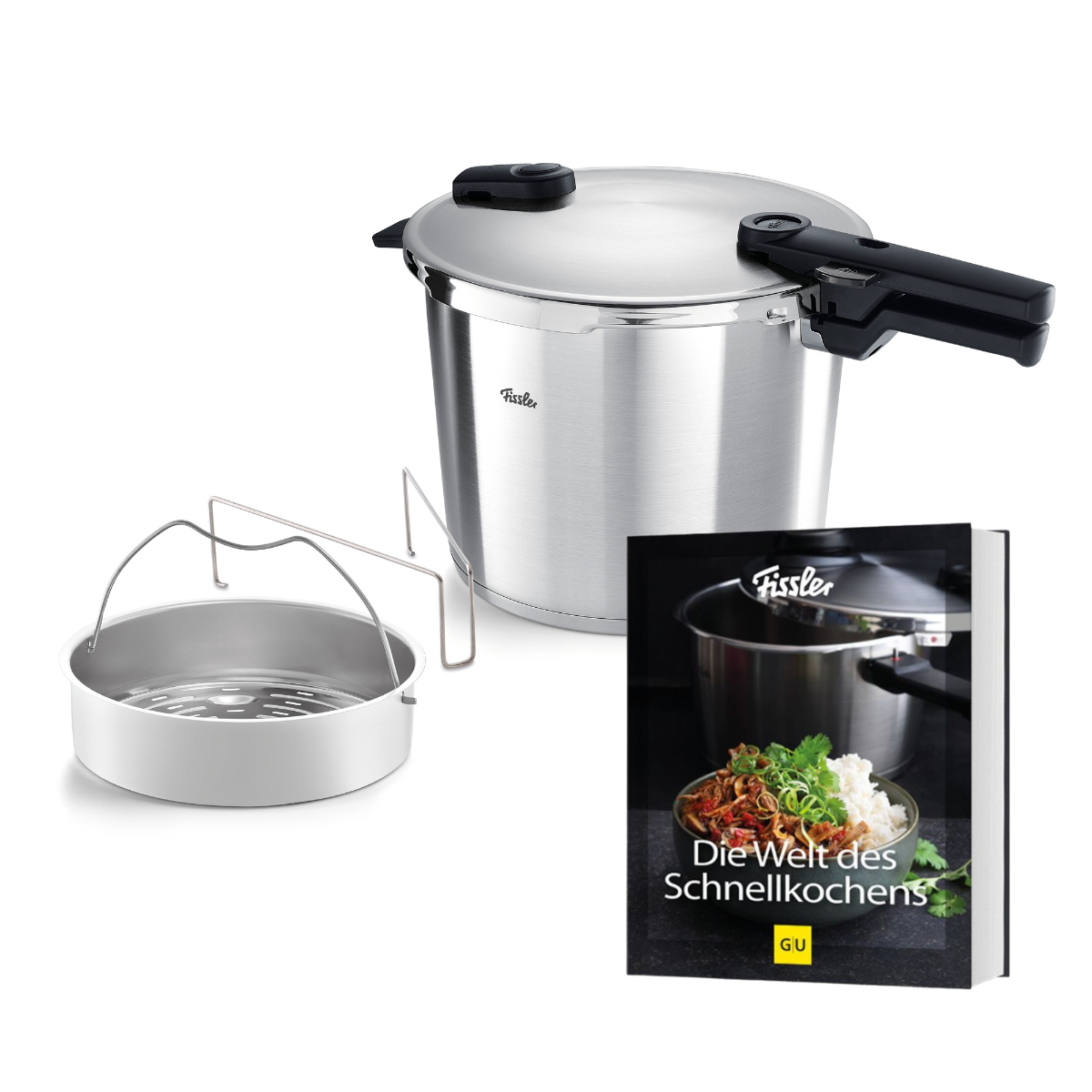 Fissler Vitaquick® Premium 2-piece set with SKT cookbook, featuring a polished stainless steel pressure cooker with signature black handle, sturdy metal rack, steamer insert, and the German cookbook “Die Welt des Schnellkochens” showing a colorful noodle and vegetable dish on the cover. Crafted in Germany since 1845, this heritage Fissler set exemplifies precision engineering, durability, and timeless design—delivering innovative cooking performance for your kitchen.